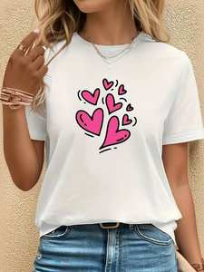 T-shirt casual da donna con scollo rotondo e stampa a cuore, maniche corte, tessuto jersey traspirante, vestibilità regolare, per tutte le stagioni - Product Image 3
