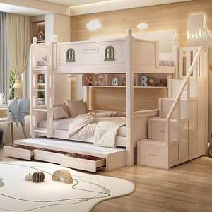 Lit superposé de style château en bois massif européen, double sur double, avec 2 tiroirs, 3 étagères et glissière pour lit mezzanine double - Product Image 1