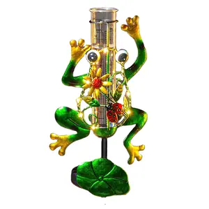 Frogs Rain Gauge Outdoor Decorative Metal Solar Rain Gauges Stakes for Garden Yard Lawn LED Light