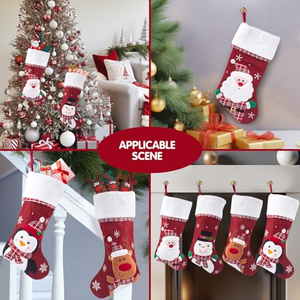 Chaussettes de Noël personnalisées en peluche bordeaux avec bordure brodée pour décoration de cheminée - Product Image 4