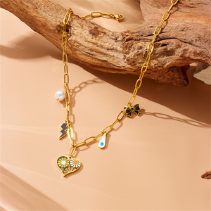 Stainless Steel Heart Daisy Lightning Bow Pendant Chain Necklace With Charms For Fashion Jewelry - Product Image 3