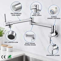 Robinet de cuisine mural moderne en acier inoxydable 304, monotrou, eau froide, double poignée, flexible et pliable