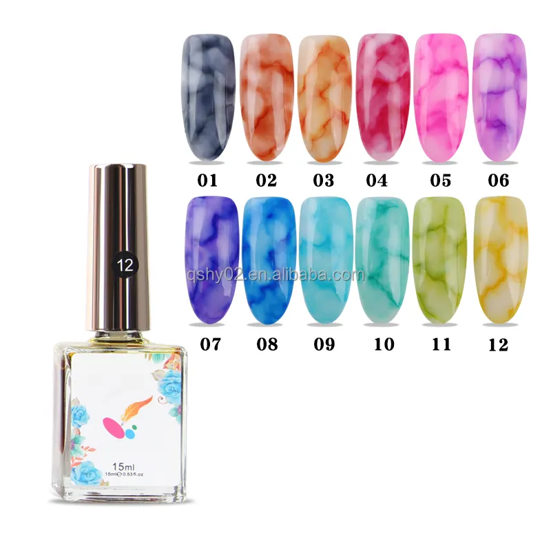 Qshy benutzer definierte logo private label oem/odm großhandel nail art 12 farbe schnell trocken aquarell flüssigkeit malerei blühende marmor tinte
