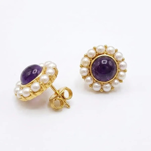 Classic Gold Plated Amethyst Pearl Round <b>Stud</b> <b>Earrings</b>, 15mm Brass Office Wear - Product Image 2