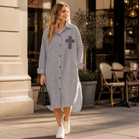Robe Midi Rayée Style Urbain pour Femme, Col Hawaïen, Épaules Tombantes, Broderie Croisée, 100% Coton Écologique, Taille Naturelle, ODM