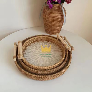 Eco-friendly Decorative Round Mother of Pearl and Rattan Handmade Serving & Storage Tray with <b>Handle</b> From Vietnam - Product Image 3
