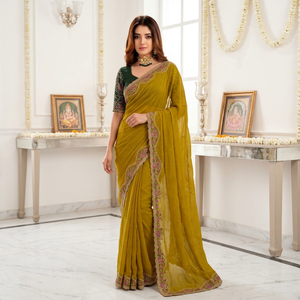 Sari en soie vert olive pour femme, broderie florale rose, tenue de mariage indienne traditionnelle, longueur ras du sol, coupe classique, protection solaire - Product Image 1