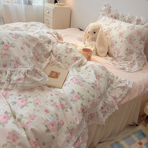 Set di Biancheria da Letto in Cotone Stile Pastorale Coreano con Rose <span class=keywords><strong>Rosa</strong></span>, <span class=keywords><strong>Copripiumino</strong></span> a Doppio Strato con Volant e Pizzo Traforato - Product Image 5
