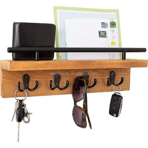 Porte-clés de <span class=keywords><strong>courrier</strong></span> de 15 pouces Étagère murale décorative en bois avec crochets Porte-manteau mural Salle de bain à un étage Design industriel - Product Image 3