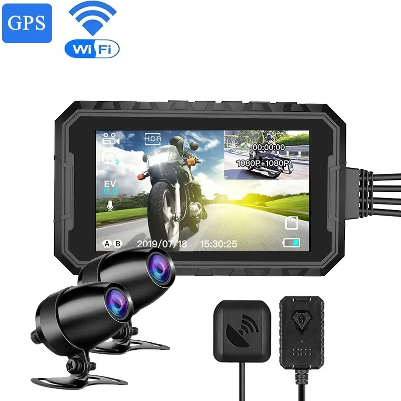 Yeni 3 inç Full HD 1080P WIFI GPS motosiklet DVR Dash kamera 150 derece IP67 su geçirmez çift Lens motosiklet kamera Moto kara kutu