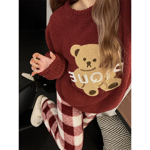 柔软保暖珊瑚绒保暖圣诞睡衣女式弹力腰红色纯色家居服休闲服套装秋季春季 - Product Image 4
