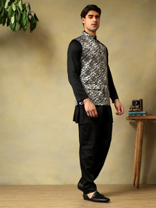 Chaap Mens Black Dola Silk Kurta Set with Brocade <b>Jacket</b> | Full Sleeve Classic Ethnic Wear <b>for</b> <b>Weddings</b> & Festive Occasions - Product Image 4