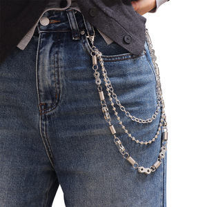 Cadena de cintura punk de tres capas con cuentas redondas de plata tibetana, estilo motociclista unisex informal para jeans - Product Image 2