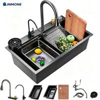 Fregadero de Cocina Multifuncional de Acero Inoxidable 304 Negro Nano con Cascada, Estación de Trabajo Completa con Accesorios, Lavabo de Cocina