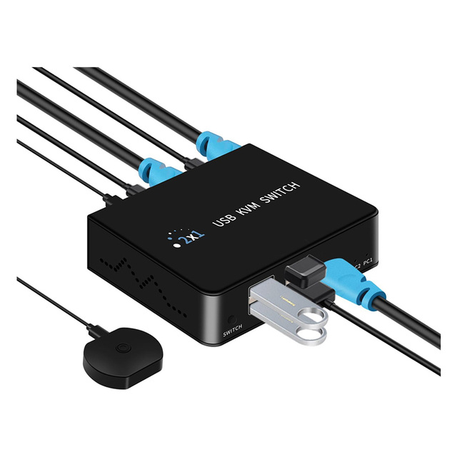 2 Ports HDMI KVM Switches 4K 60Hz + Cables, 2 in 1 Out Desktop HDMI USB KVM Switcher Selector Box