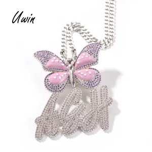 New Arrival Butterfly Initial Name Letter Customized Pendant CZ Name Plate Necklace Women Rapper Jewelries
