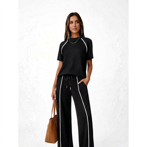 <b>Women's</b> Black Short Sleeve <b>Tracksuit</b> Set With <b>White</b> Striped Crew Neck Top And Drawstring Wide Leg Pants - Product Image 1