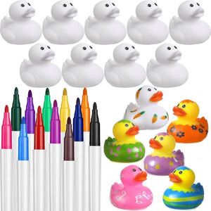 Canards en caoutchouc blancs créatifs de 2 pouces avec stylos de 12 couleurs, flotteurs de piscine, bricolage, cadeaux d'anniversaire pour enfants - Product Image 1