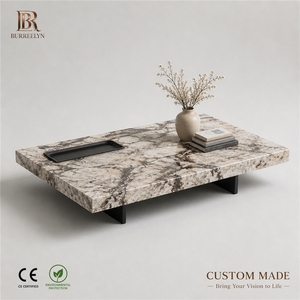 Table basse carrée de luxe moderne <span class=keywords><strong>en</strong></span> quartzite blanc poli pour salon, avec plateau métallique intégré, vente <span class=keywords><strong>en</strong></span> gros - Product Image 1
