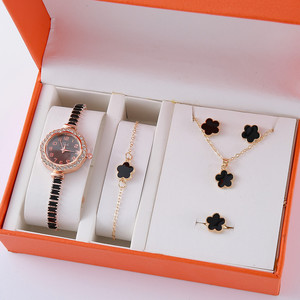 Ensemble de bijoux pour femme <span class=keywords><strong>avec</strong></span> montre à fleurs à cinq pétales porte-bonheur, 6 pièces, bracelet à fleurs + collier + boucles d'oreilles + bracelet + bague, anniversaire - Product Image 5