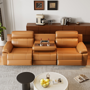 โซฟาปรับเอนไฟฟ้าสุดหรูหราทันสมัย สีส้ม หนังแท้ พร้อมโต๊ะพับเก็บได้ ช่องเสียบ USB ที่ชาร์จแก้ว และระบบ Zero Wall - Product Image 4