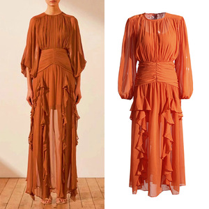 HANOU 2024 Outono Chiffon Plissado Maxi Vestido Mulher Lotus Leaf Lace Splicing Cintura Alta Fairy Saia Vestidos de Noite Elegantes - Product Image 1