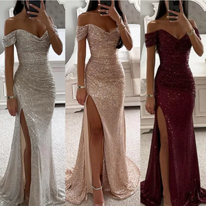 女性のイブニングパーティードレスゴールドウエディングドレスブリンブリンマーメイドスパンコールレディースフォーマルウェアガウンオフショルダースプリットロングドレス - Product Image 2