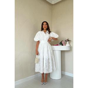 Robe blanche plissée coupe trapèze à manches ballon, col rond, taille naturelle, en tissu tissé, pour usage quotidien décontracté - Product Image 4