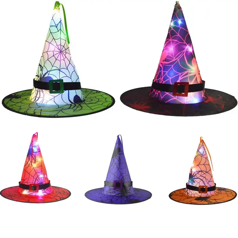 Halloween sorcière chapeau lumières Cosplay sorcière fête décorations fête toile d'araignée lumière colorée accessoires lampe décorative chapeau