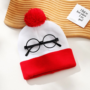 In Stock Red White Christmas Knit Hat with Glasses <strong>Pom</strong> <strong>Pom</strong> Bulk Wholesale Yarn Santa <strong>Beanie</strong> for Xmas Halloween Party - Product Image 4