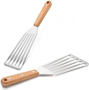 Espátula ranurada para cortar pescado, de acero inoxidable con mango de madera, resistente al calor, antiadherente, para voltear alimentos y panqueques - Product Image 1