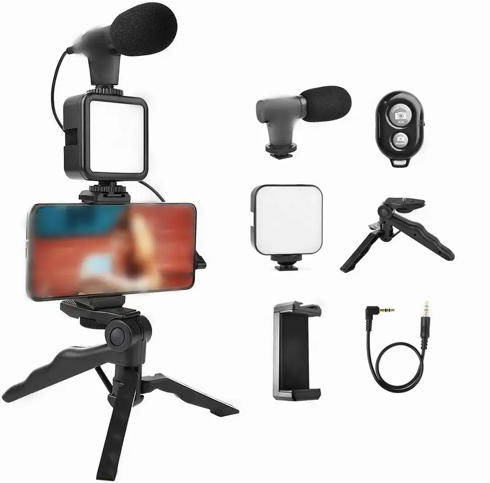 Smartphone Video Vlog Maken Kit Ay 49 Vlogging Kit Met Grip Rig, Shotgun Microfoon, Led Licht En Draadloze Afstandsbediening Youtube Kit