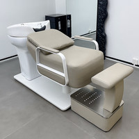Fauteuil de lavage haut de gamme pour salon de coiffure, semi-inclinable avec rinçage à l'eau, en cuir, design moderne et épuré