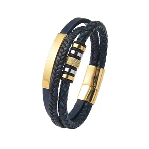 2024 New Fashion Blue Handmade Braided Multilayer Leather Bracelet For Men's Stainless Steel Magnetic Clasps Bracelet