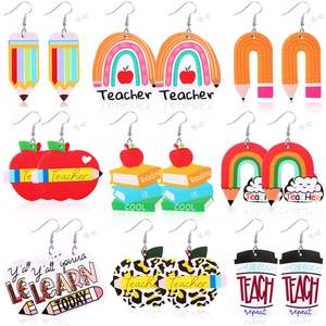 <span class=keywords><strong>Pendientes</strong></span> de Acrílico con Diseño de Maestro - Joyería Ligera con Patrón de Manzana/Lápiz, Suministro al por Mayor, Accesorios para el Regreso a Clases - Product Image 2