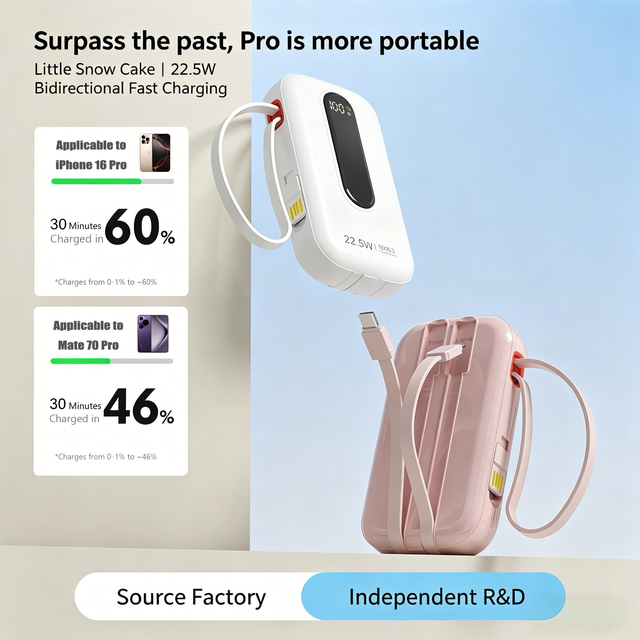 Hot Sale Portable 10000mAh 20000mAh Power Bank with 22.5W Super Fast Charging, 2 Built-in Cables, Lightweight and Slim Design