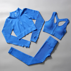 Conjunto de 3 Uds de Yoga sin costuras, Sujetador deportivo con cremallera, mallas de realce de cintura alta, traje de gimnasio con cordón, ropa de manga larga para entrenamiento físico - Product Image 1