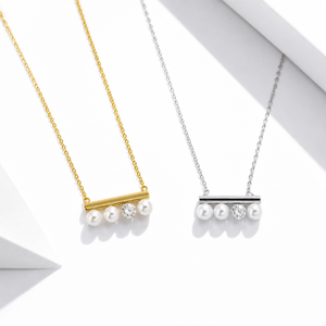 Collier barre en perles et zircons en acier inoxydable plaqué or 14 carats sous vide, variantes or et argent - Product Image 1