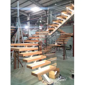 Factory Direct Second Floor Metal Railing Mono Stringer Staircase Handrail Solid Wood Tread Step Lights Indoor Stair