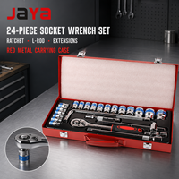 Jeu de clés à douilles JAYA de 24 pièces avec barres d'extension à cliquet, douilles assorties, étui de transport en métal rouge pour la réparation automobile