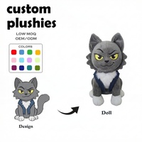 Peluche personnalisée OEM/ODM, mignonne, avec gilet en jean, loup, chat, décoration de café, concevez votre propre peluche, jouets en peluche Eevee personnalisés, faible MOQ