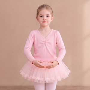 Justaucorps de ballet rose à manches longues avec jupe en tulle, robe de danse pour filles, vêtements de scène pour enfants - Product Image 1