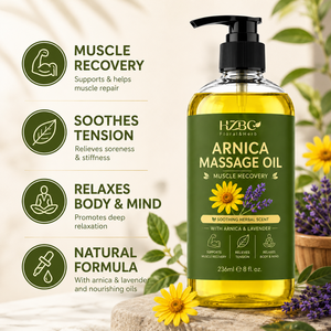 Huile de massage à l'arnica en marque propre - Relaxante et rafraîchissante, aromathérapie à la lavande et à la camomille, pour hommes et femmes, tous types de peau - Product Image 3