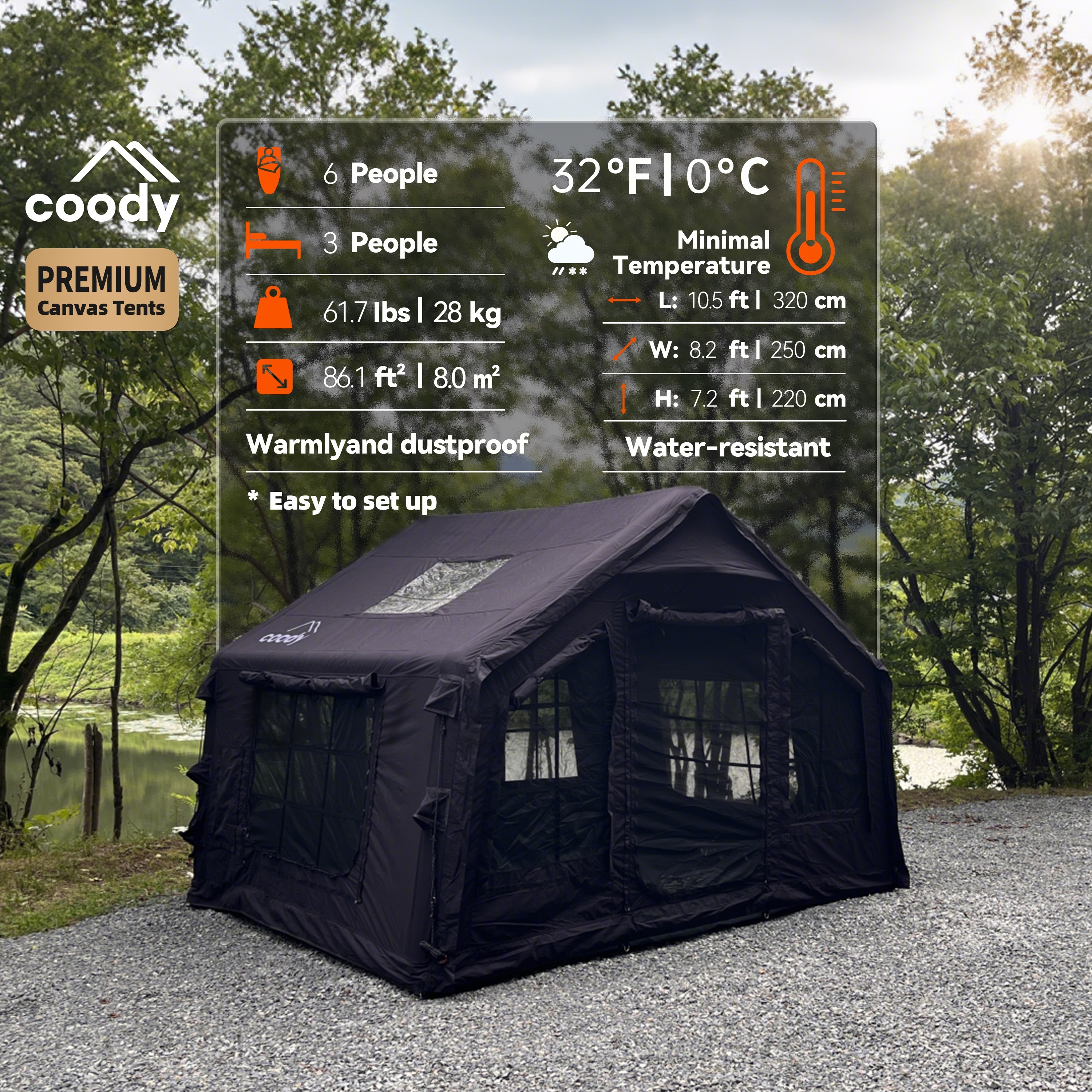 Coody 8.0 エアテント-ブラック 工場直送 防水 ポータブル アウトドア