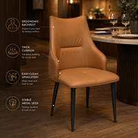 Fauteuil de salle à manger moderne en cuir à dossier haut et accoudoirs ailés, avec coussin épais et pieds en métal, rembourré, élégant pour hôtel, restaurant, maison