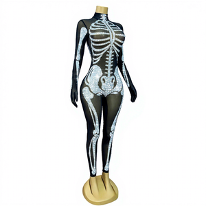 Hot Sale Cool Stylish Crystal Personalized Echo Skeleton Printed Spandex Mesh <b>Women's</b> Adult Jumpsuit Halloween Party - Product Image 2