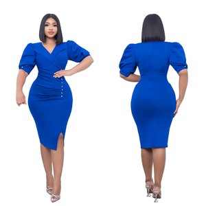 <span class=keywords><strong>Abiti</strong></span> da carriera Midi con bottoni sottili da donna con colletto <span class=keywords><strong>su</strong></span> <span class=keywords><strong>misura</strong></span> plissettato in tinta unita manica corta <span class=keywords><strong>abiti</strong></span> da donna estivi da ufficio - Product Image 5