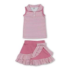 Conjunto de Falda con Volantes Blancos y Top Polo sin Mangas con Estampado de Rayas y Cuello Redondo para Niñas, Estilo Casual, Atuendo de Verano para Niños - Product Image 6