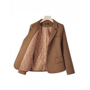 Women's Brown Blazer Solid Color Worsted Fabric Professional Top Petite Style With <b>Pocket</b> - Product Image 5