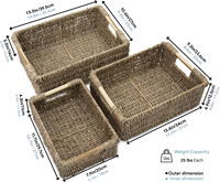 Ensemble de 3 paniers de rangement en jonc de mer tressé avec poignées en bois, paniers rectangulaires tissés à la main pour garde-manger, placard et rangement domestique
